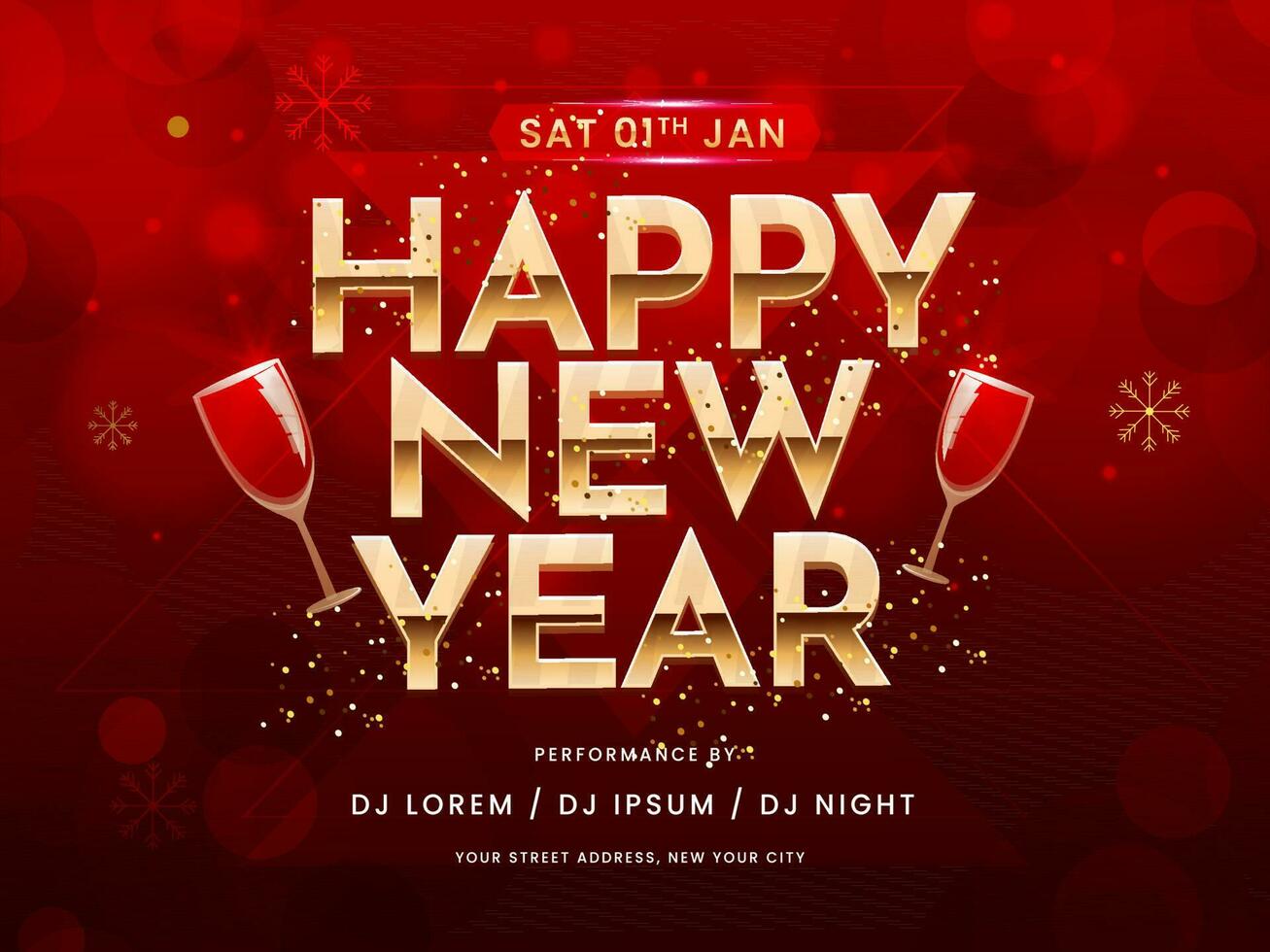 Happy New Year Flyer Design With Wine Glasses, Snowflakes On Red Bokeh Background. vector