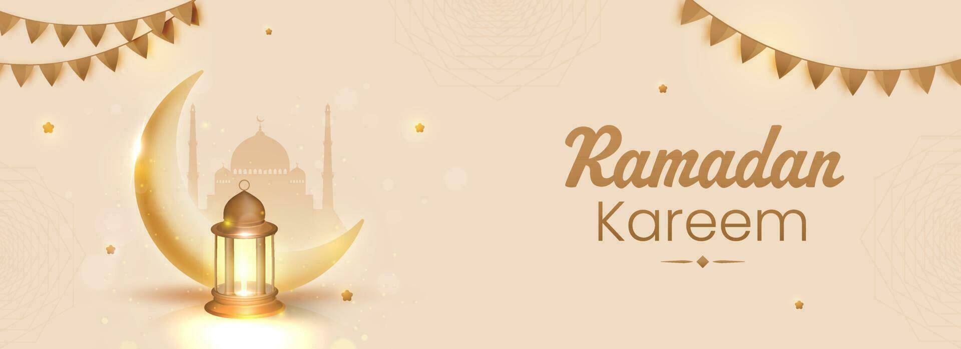 Ramadan Kareem Concept With 3D Golden Crescent Moon, Lit Lantern And Mosque On Beige Background. vector