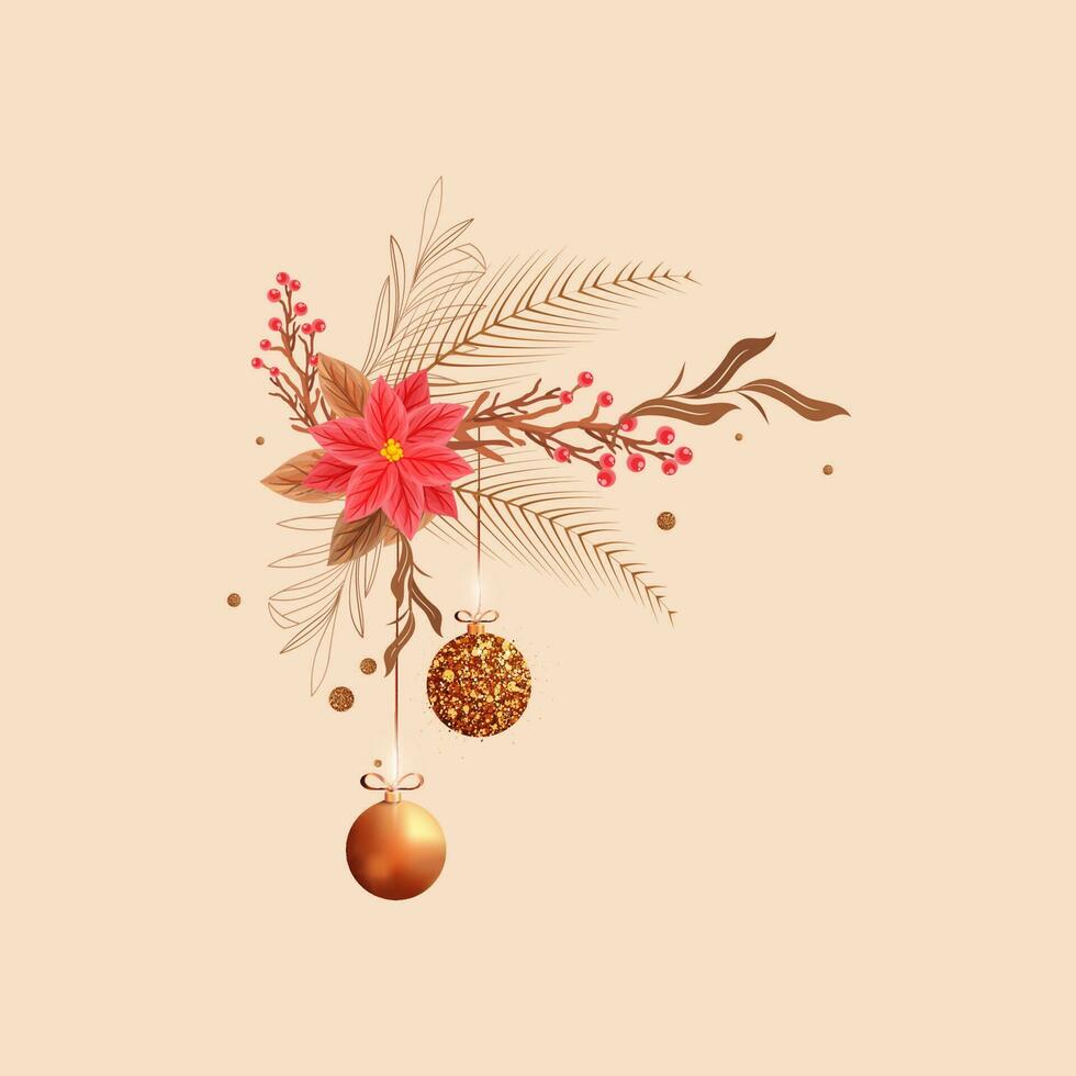 Poinsettia Flower With Leaves, Berries Branch And Baubles Hang On Peach Background. vector