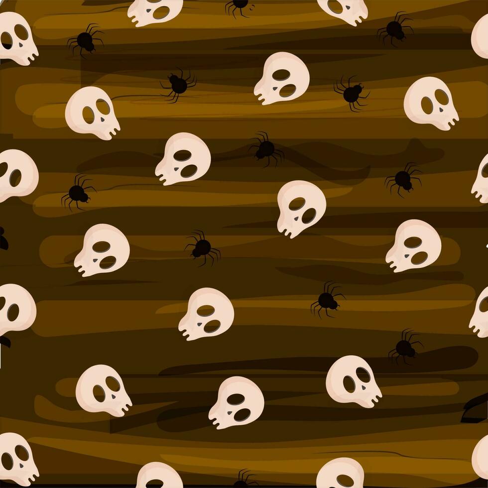 Brown Wood Texture Background Decorated With Skull, Spider Illustration. vector