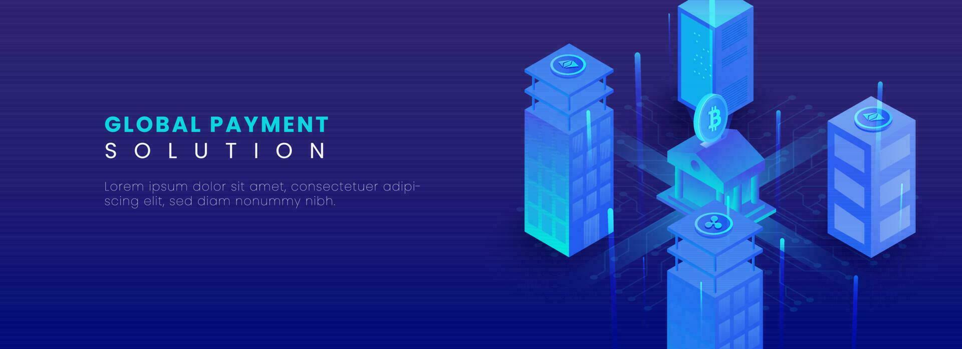 Global Payment Solution Concept With 3D Illustration Of Cryptocurrencies Buildings Connect To Bank On Blue Background. vector