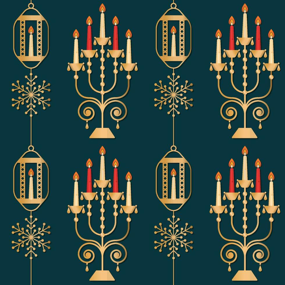 Golden Candelabra With Lanterns And Snowflake On Teal Background. vector
