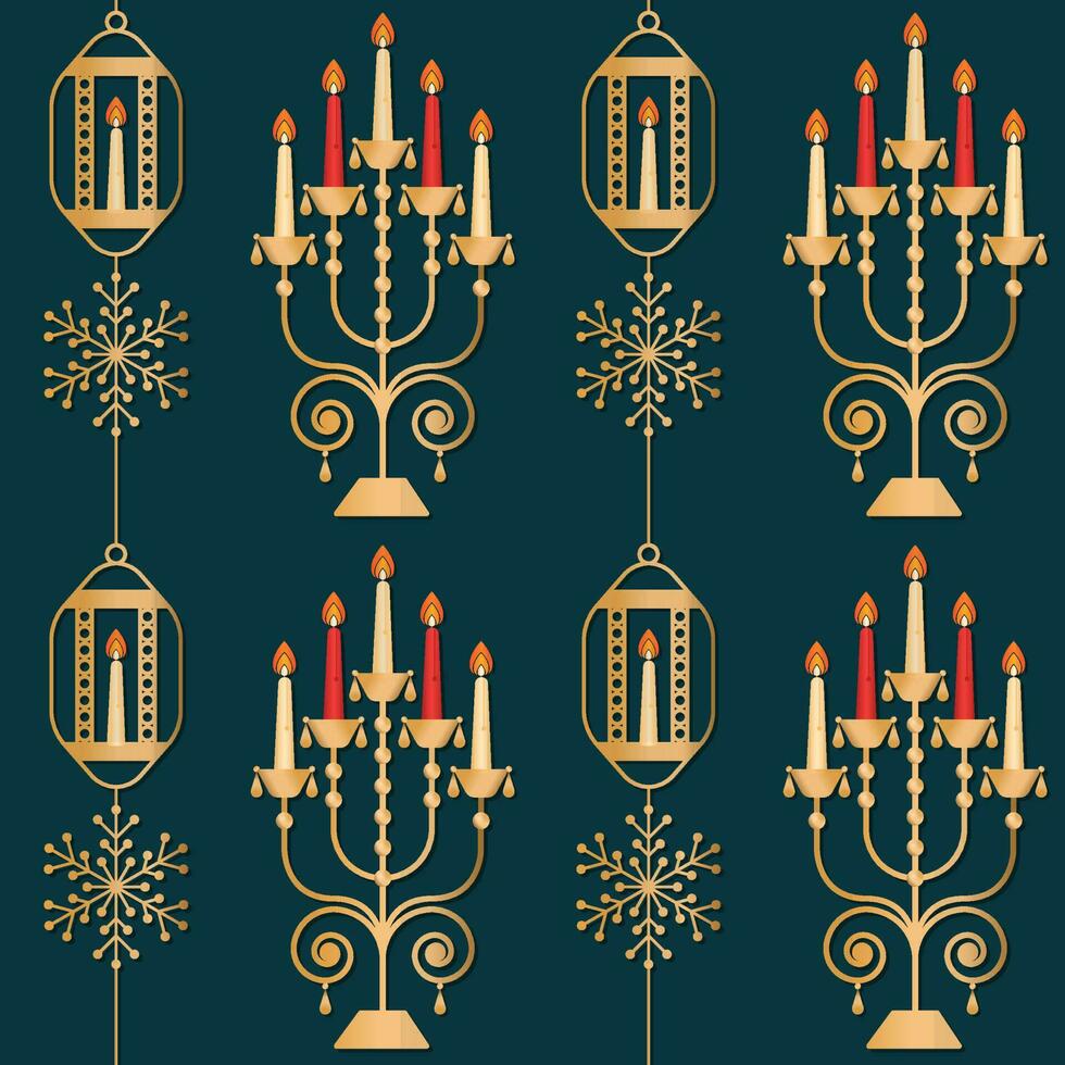 Golden Candelabra With Lanterns And Snowflake On Teal Background. vector