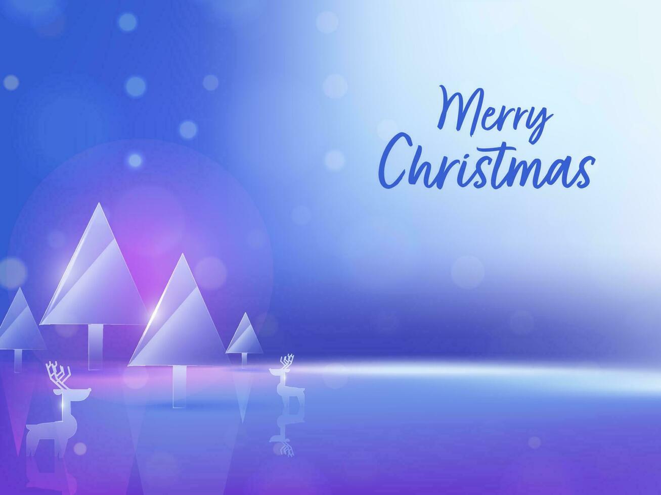 Merry Christmas Concept With Crystal Or Glass Xmas Trees, Reindeer On Shiny Blue Background. vector