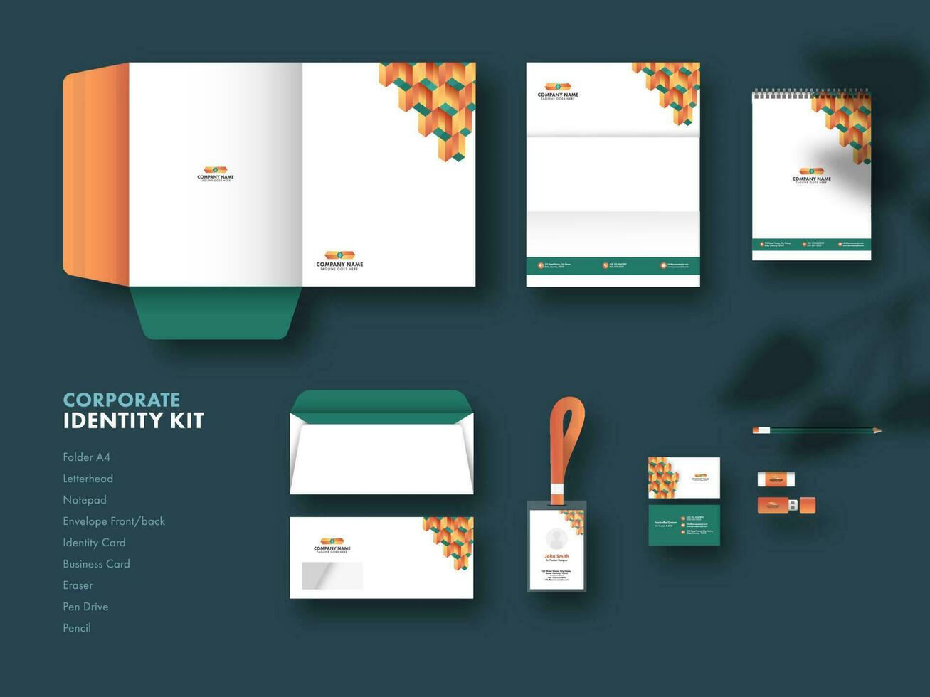 Corporate Identity Kit Including As Folder A4, Letterhead, Identity Card, Envelope, Pen Drive On Teal Background. vector