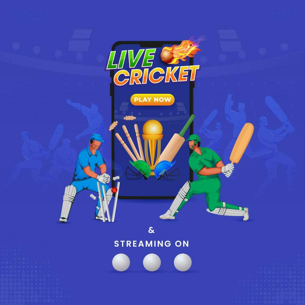 Live Cricket Play Now In Smartphone With Cricketer Players And Tournament Equipments On Blue Background. vector