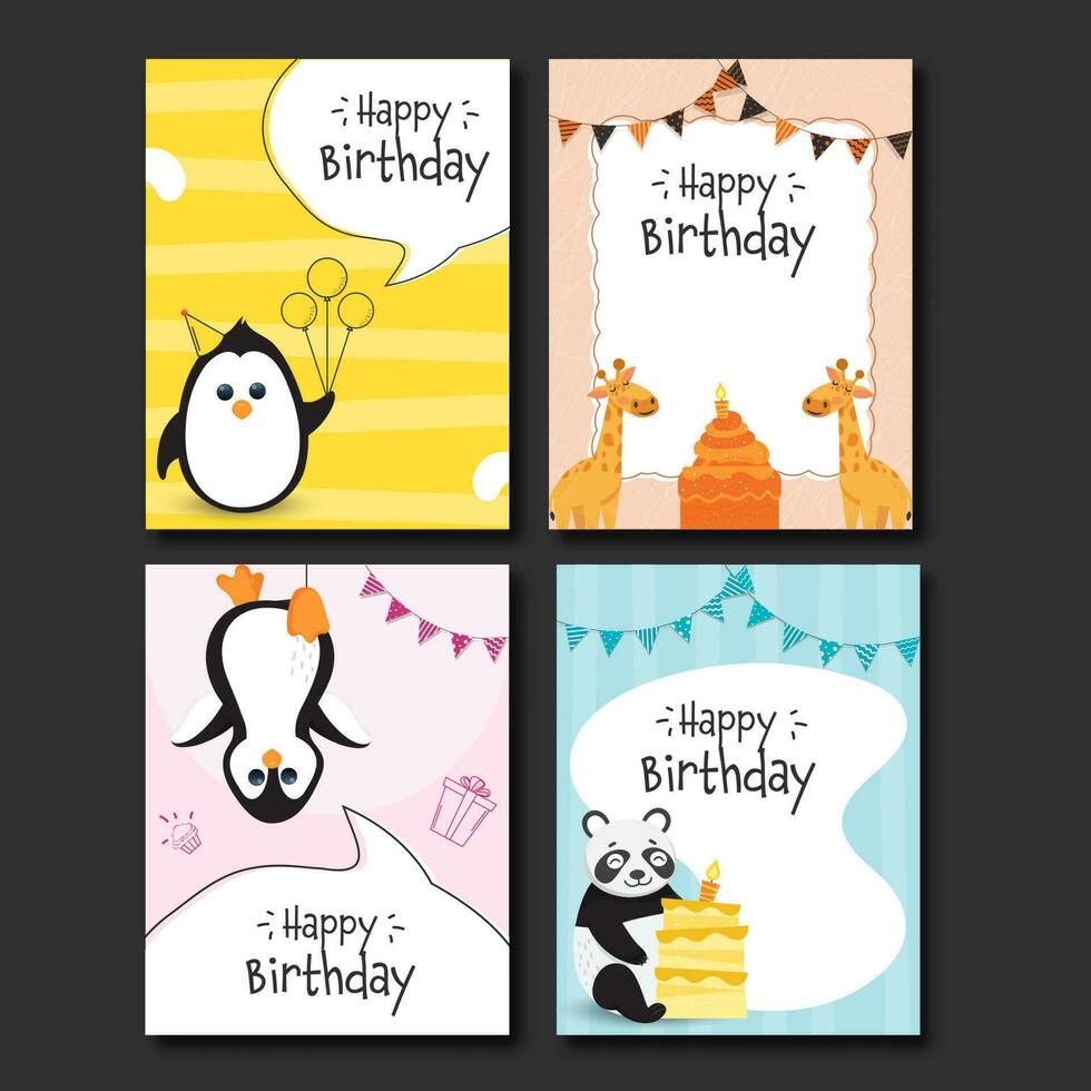 Happy Birthday Card Template Layout With Cartoon Animals In Four Color Options. vector