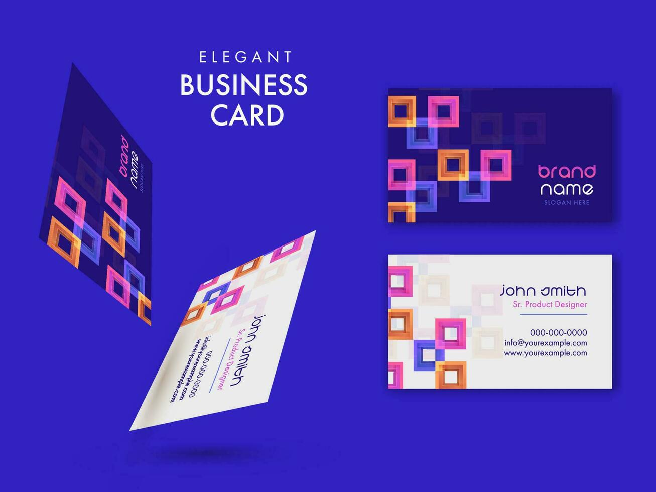 Set Of Elegant Business Card Template Design With Colorful Square Shapes On Blue Background. vector