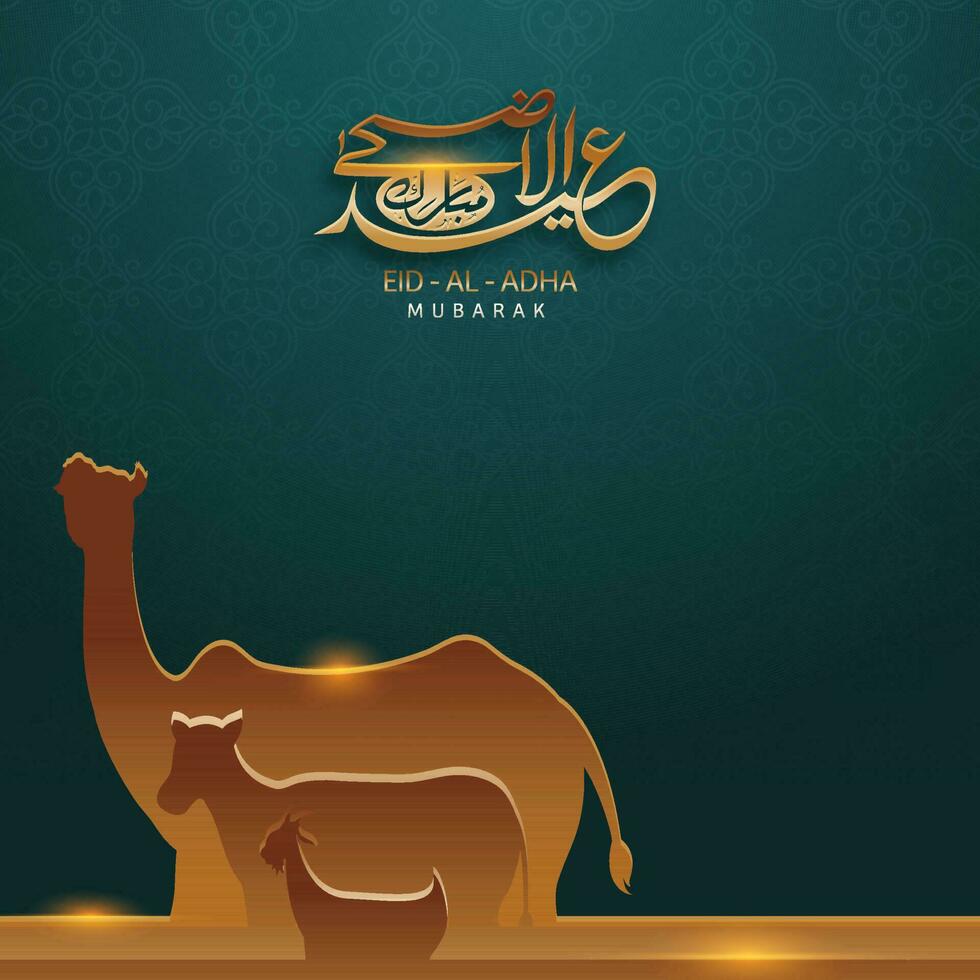 Golden Eid-Al-Adha Mubarak Calligraphy In Arabic Language With Paper Style Animal On Green Background. vector