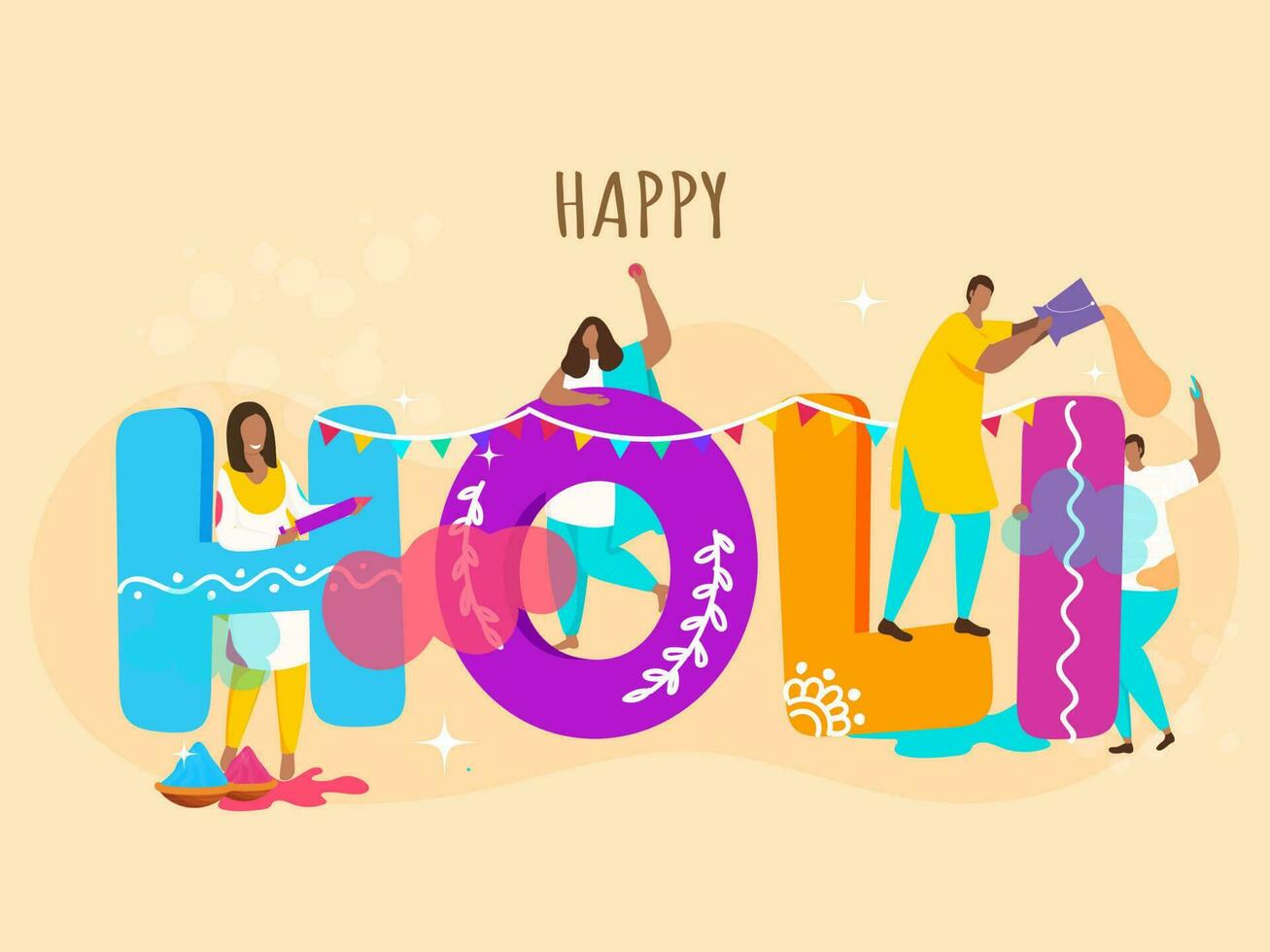 Colorful Happy Holi Text With Cartoon People Playing Colors On Pastel Orange Background. vector