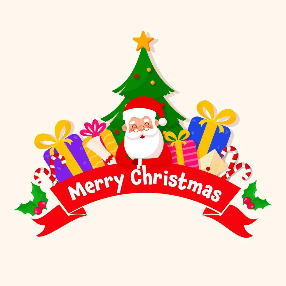 Merry Christmas Ribbon With Cute Santa Claus, Gift Boxes, Candy Canes, Holly Berries And Xmas Tree On Cosmic Latte Background. vector