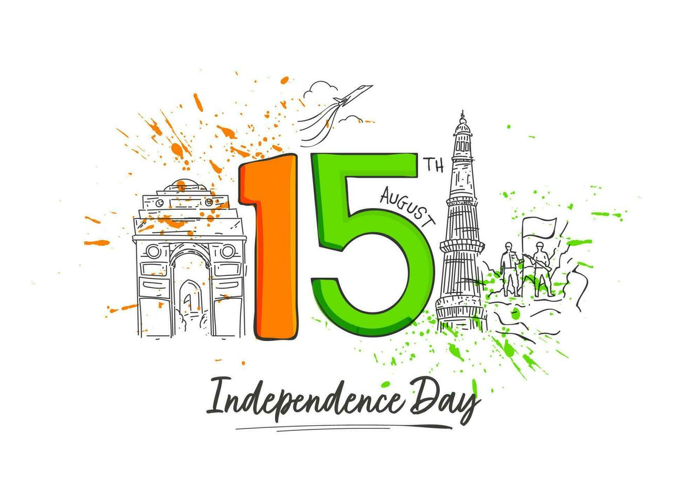 15th August Text With Sketching Famous Monument And Soldiers Holding Flag On White Background For Independence Day Concept. vector