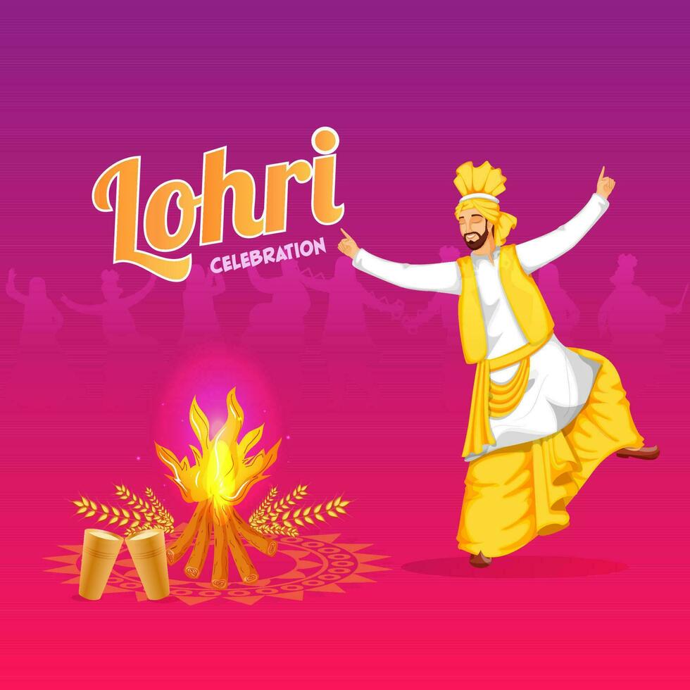 Lohri Celebration Background With Punjabi Man Doing Bhangra Dance Illustration. vector