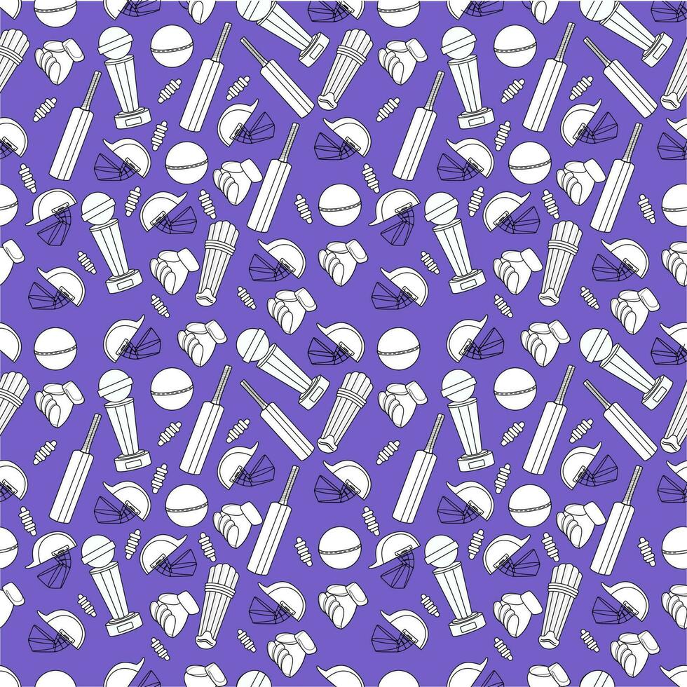 Seamless Cricket Equipments Pattern Background In Purple And White Color. vector