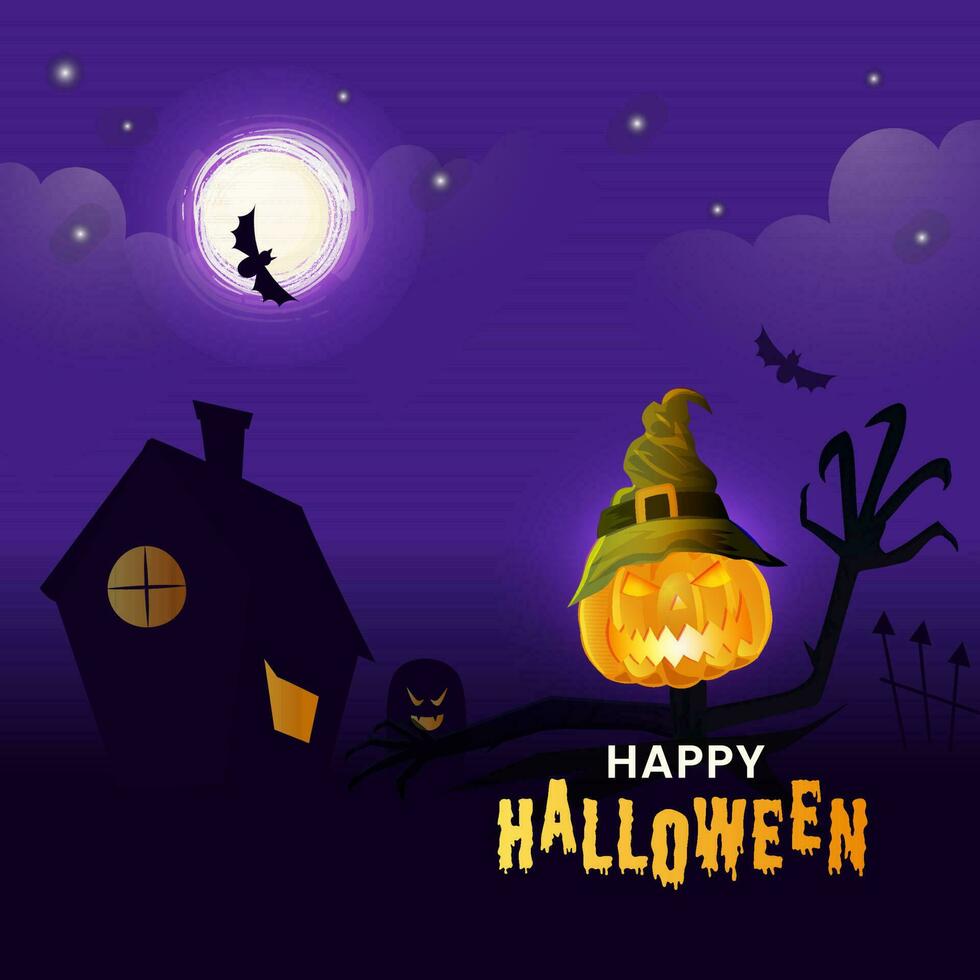 contento Víspera de Todos los Santos celebracion concepto con Jack-o-lantern vestir bruja sombrero, casa y murciélagos volador en púrpura lleno Luna antecedentes. vector