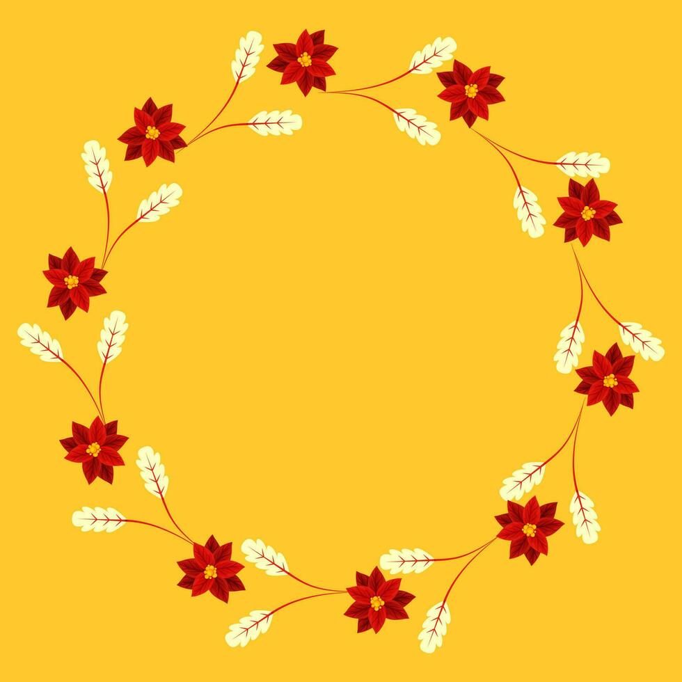 Empty Circle Frame Made By Leaves And Poinsettia Flowers On Yellow Background. vector