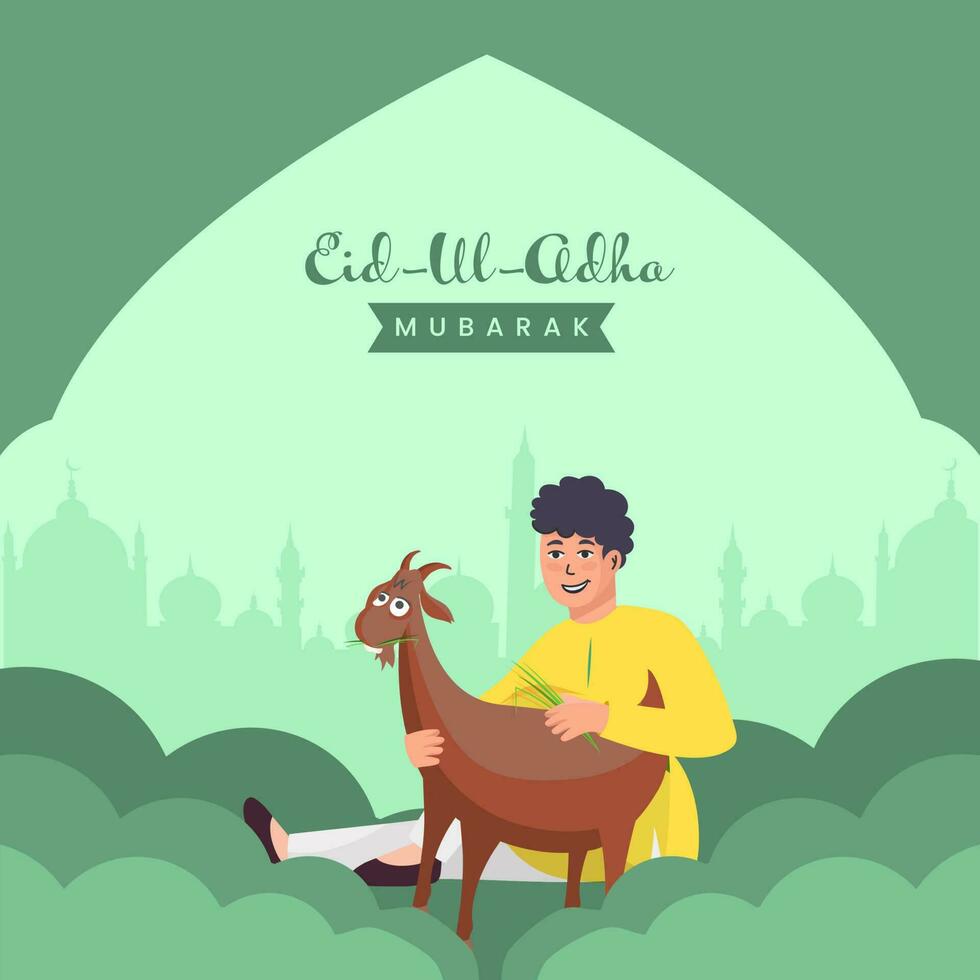 eid-ul-adha Mubarak concepto con religioso joven chico alimentación césped a cabra en verde silueta mezquita antecedentes. vector