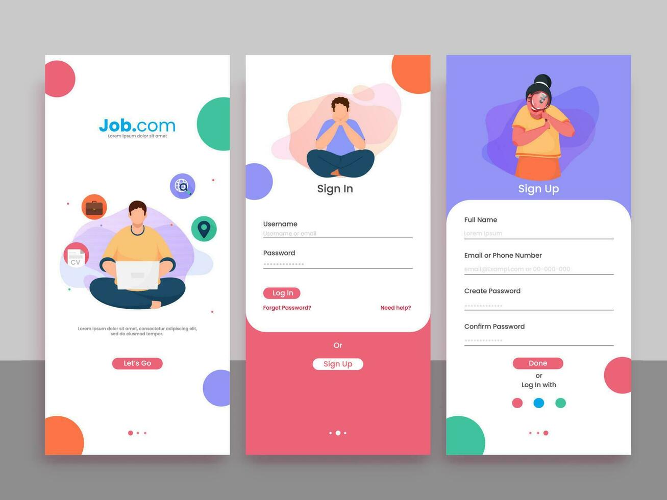 Set Of UI, UX, GUI Screens Job Recruitment App Including Create Account, Sign In, Sign Up For Mobile Application Or Responsive Website. vector