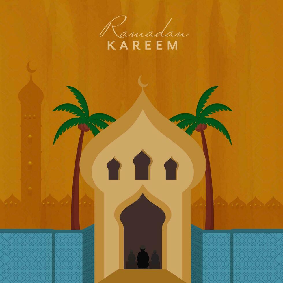 Ramadán kareem concepto con mezquita vista, palma arboles en marrón y azul textura antecedentes. vector