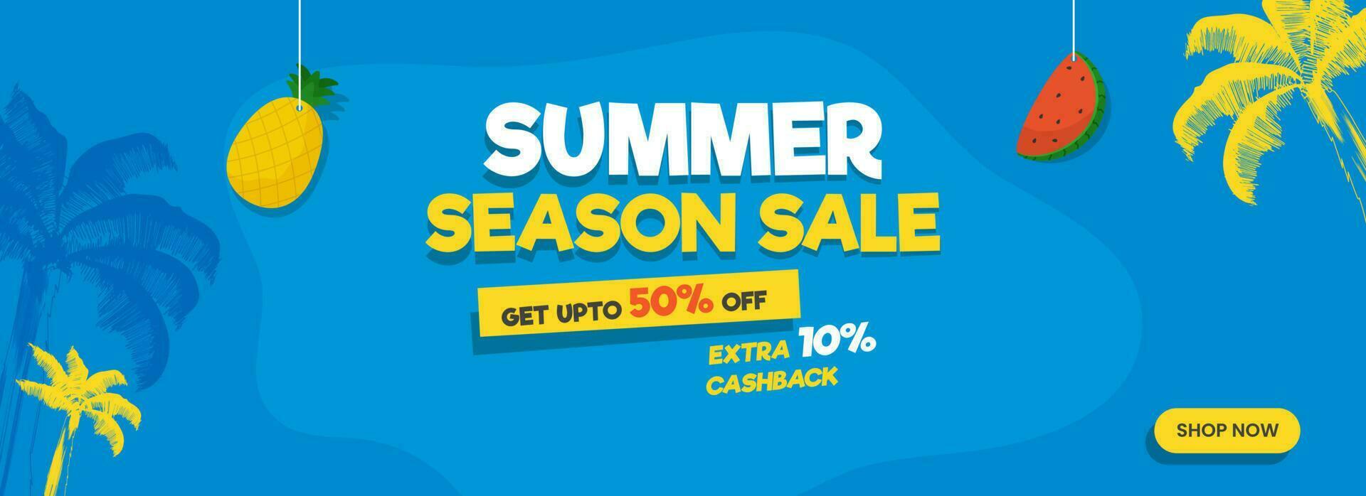 Summer Season Sale Header Or Banner Design With Discount Offer, Fruits Hang And Palm Tree On Blue Background. vector