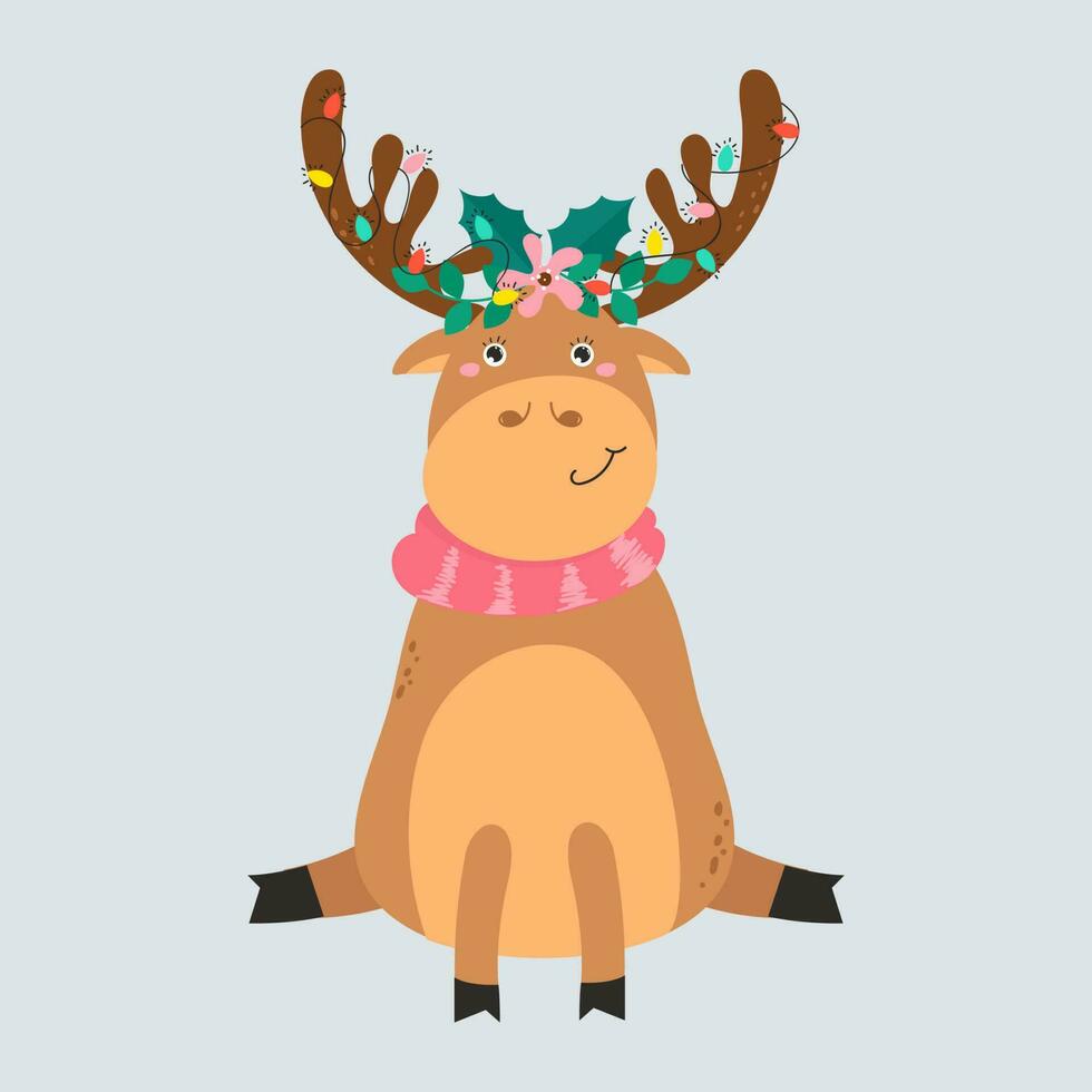 Cartoon Reindeer Sitting On Gray Background. vector