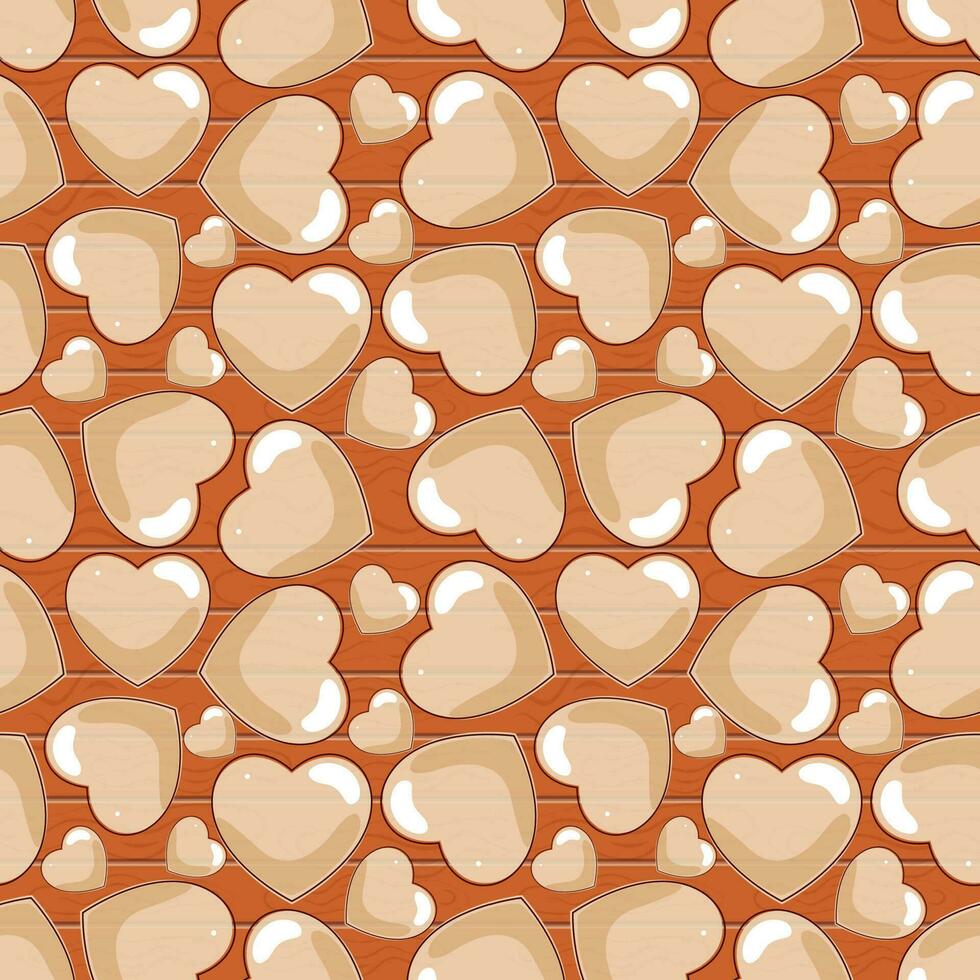 Seamless Heart Pattern On Orange Wooden Texture Background. vector