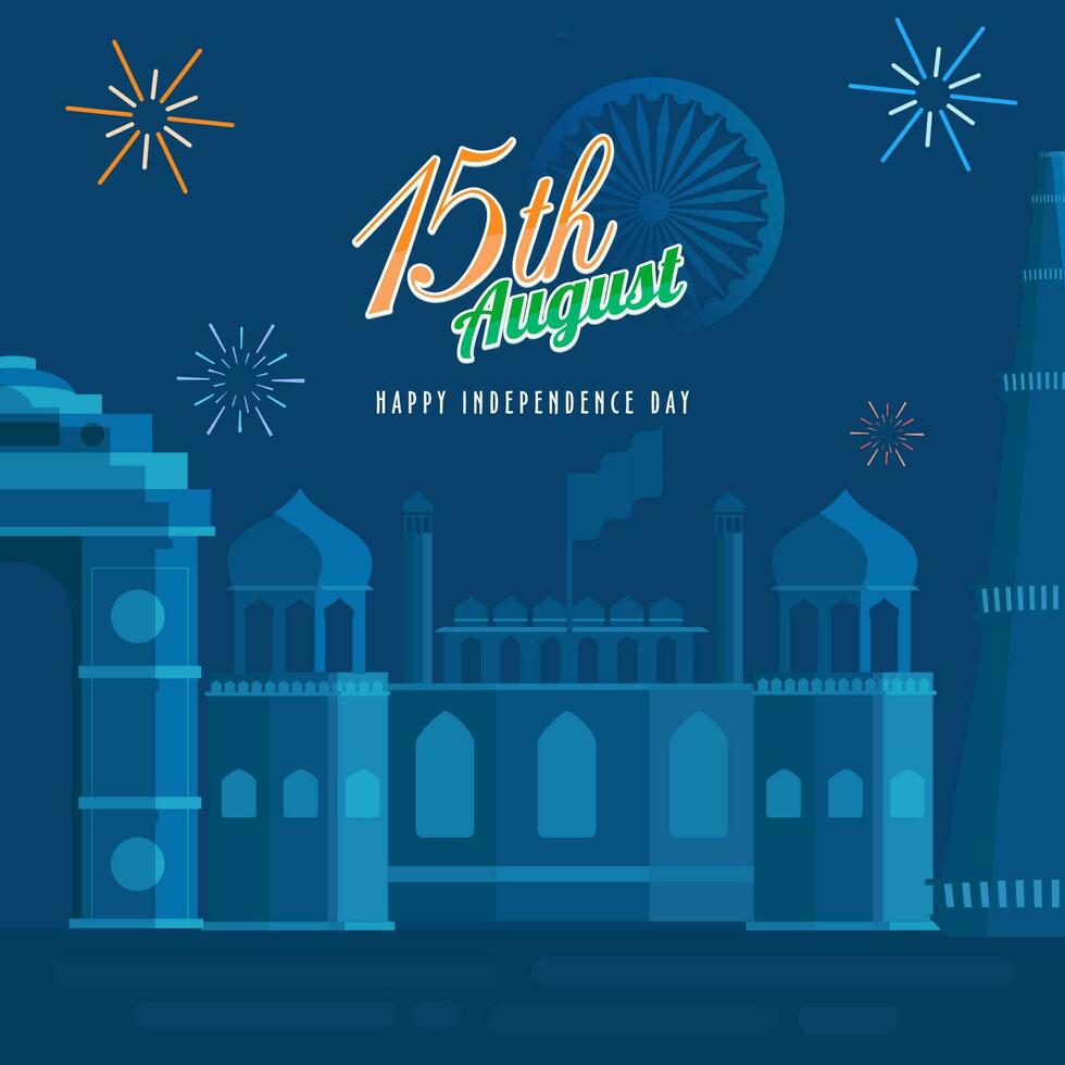 15 agosto independencia día concepto con India famoso Monumento en azul antecedentes. vector