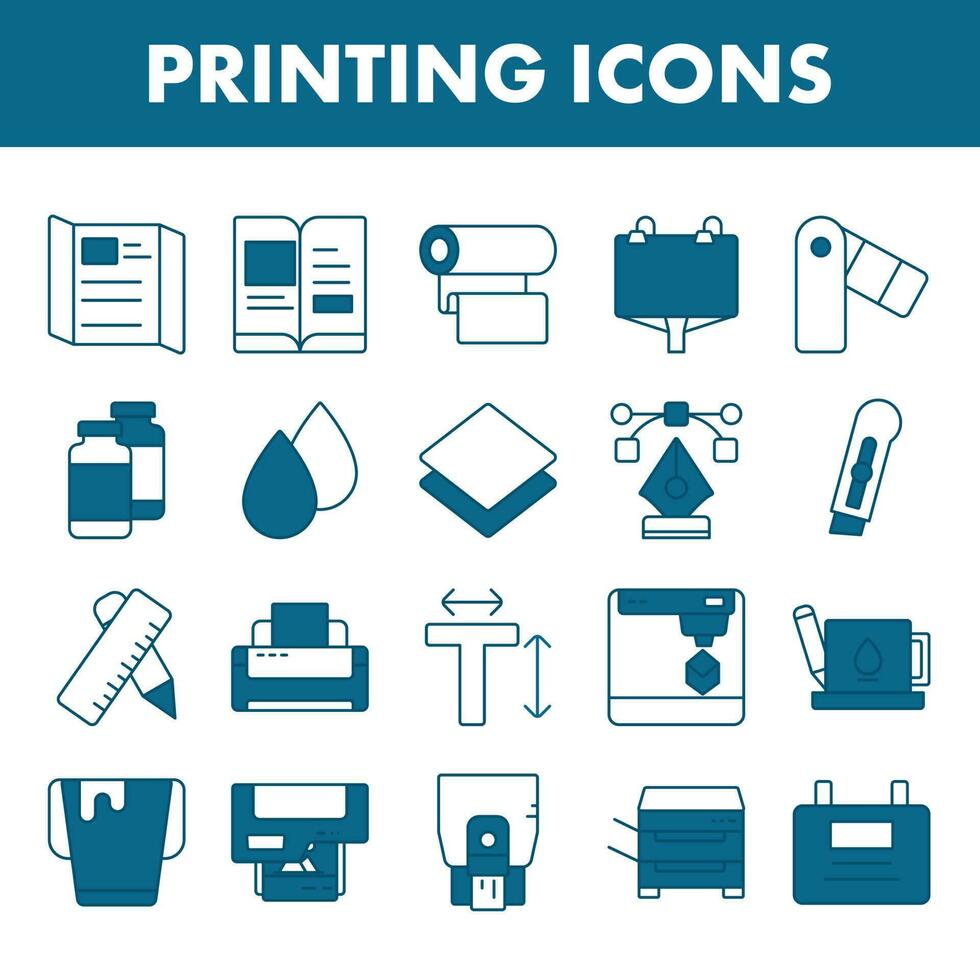 Blue And White Color Set of Printing Icon In Flat Style. vector