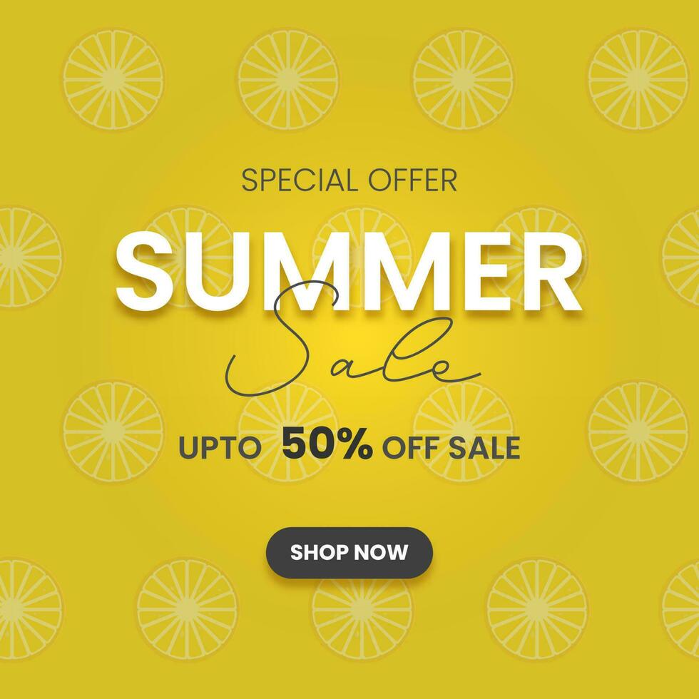 Summer Sale Poster Design With Discount Offer On Yellow Lemon Slice Pattern Background. vector