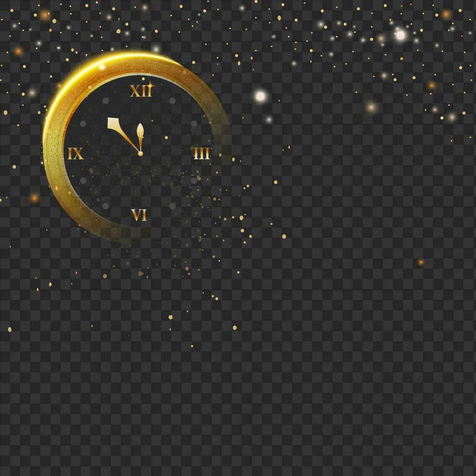 Golden Wall Clock With Lights Effect And Copy Space On Black Png Background. vector