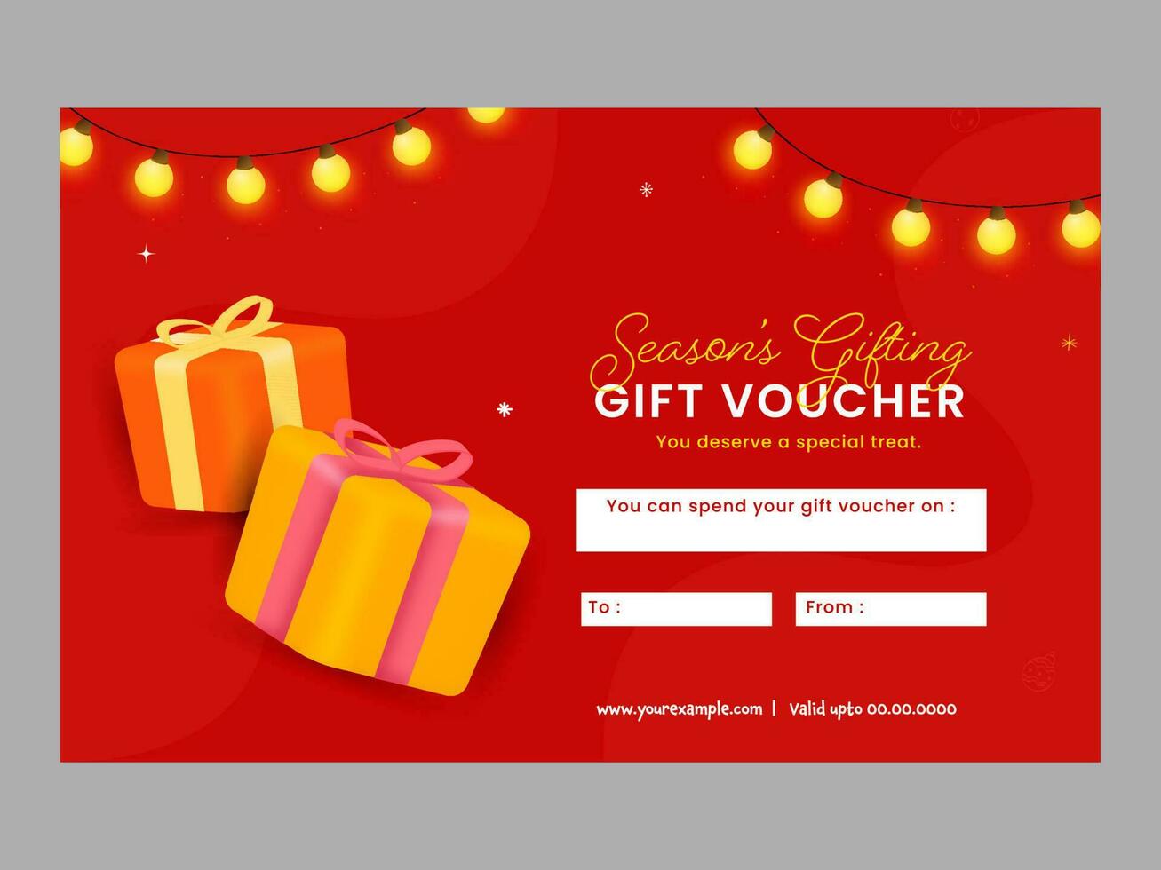 Season's Gift Voucher Template Layout With 3D Gift Boxes In Red Color. vector