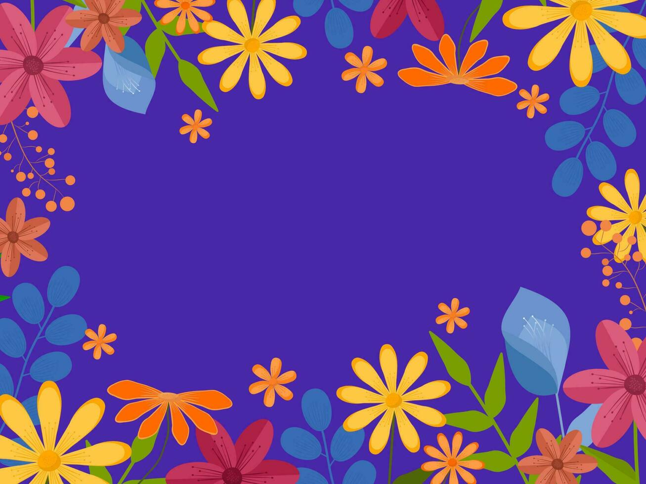 Colorful Flowers With Leaves Decorated On Blue Background And Copy Space. vector