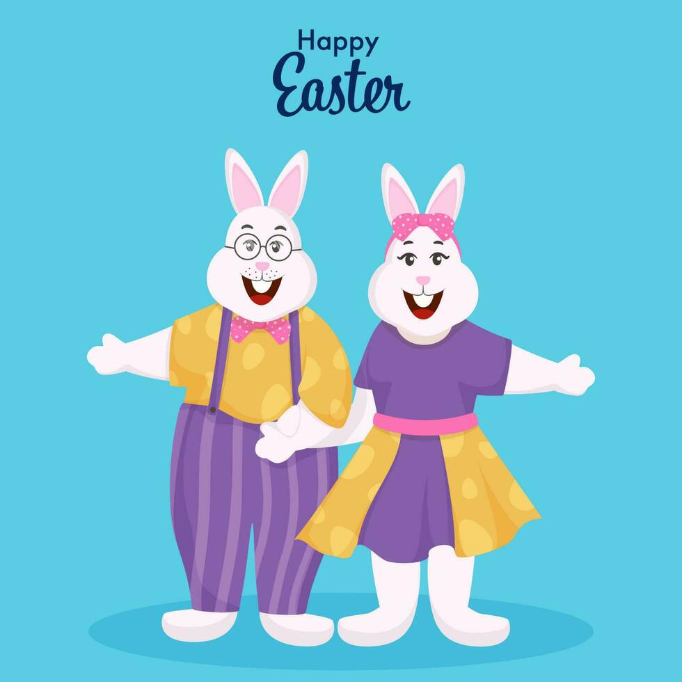 Cartoon Bunny Couple Character On Sky Blue Background For Happy Easter Celebration. vector