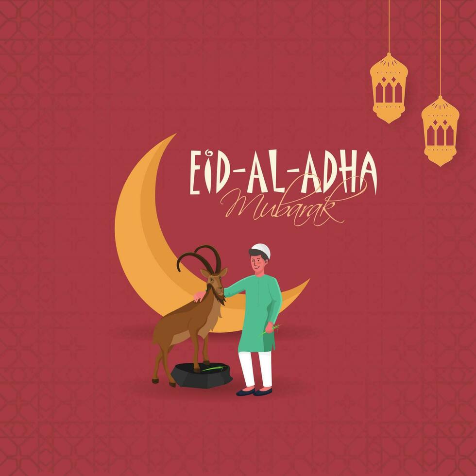 Illustration Of Muslim Boy Standing With A Brown Goat, Crescent Moon And Lanterns Hang On Red Islamic Pattern Background For Eid-Al-Adha Mubarak Concept. vector