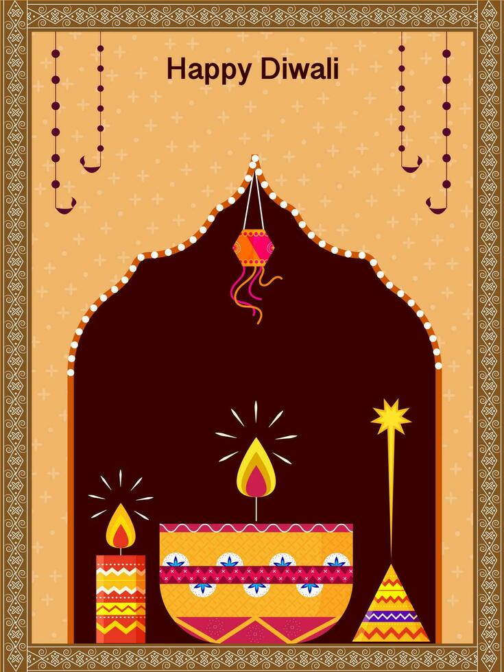 Happy Diwali Celebration Concept With Lit Oil Lamp, Candle And Firecracker Anar On Orange And Brown Background. vector