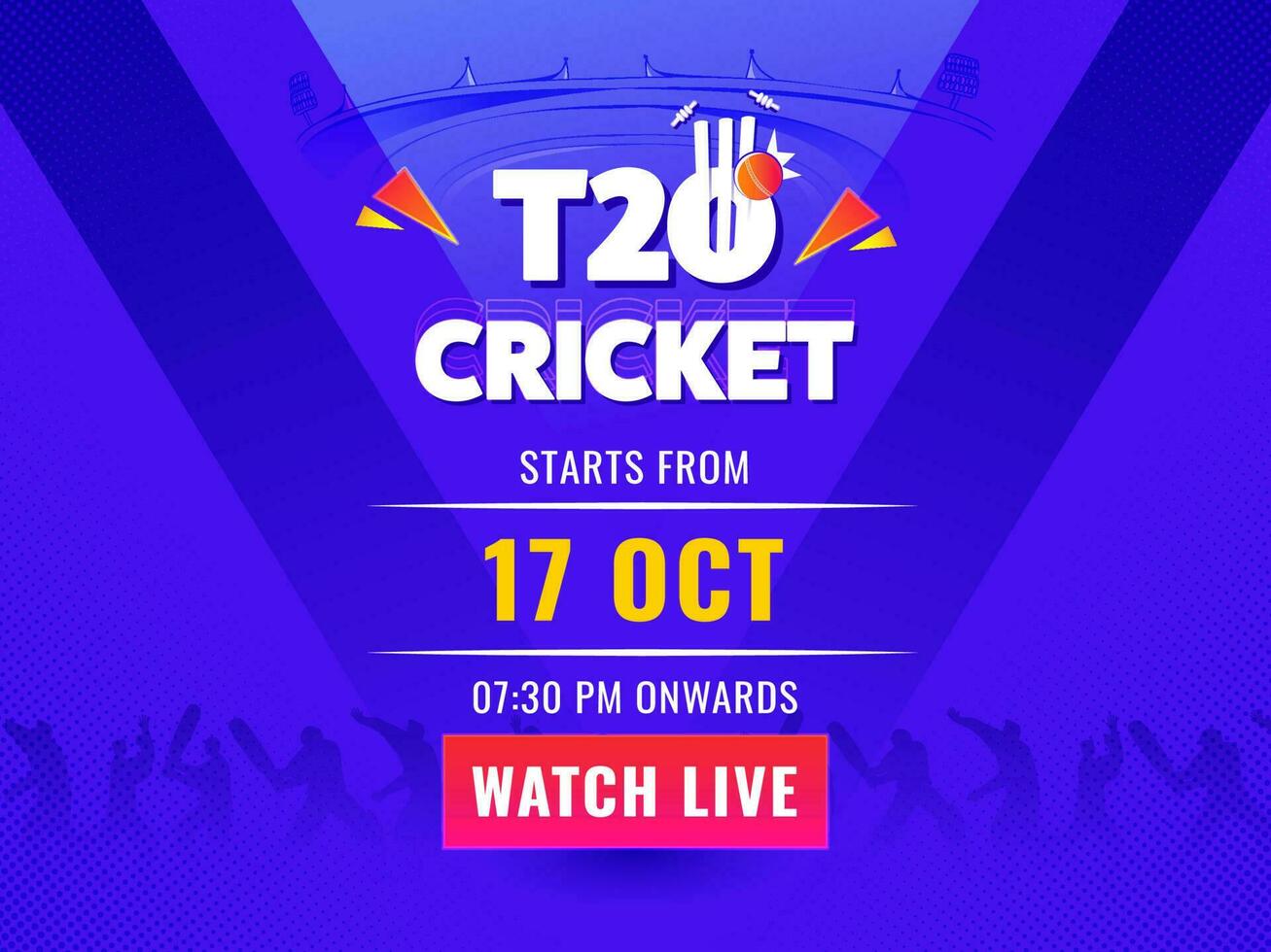 T20 Cricket Watch Live Poster Design With Silhouette Cricketer Players On Violet Background. vector