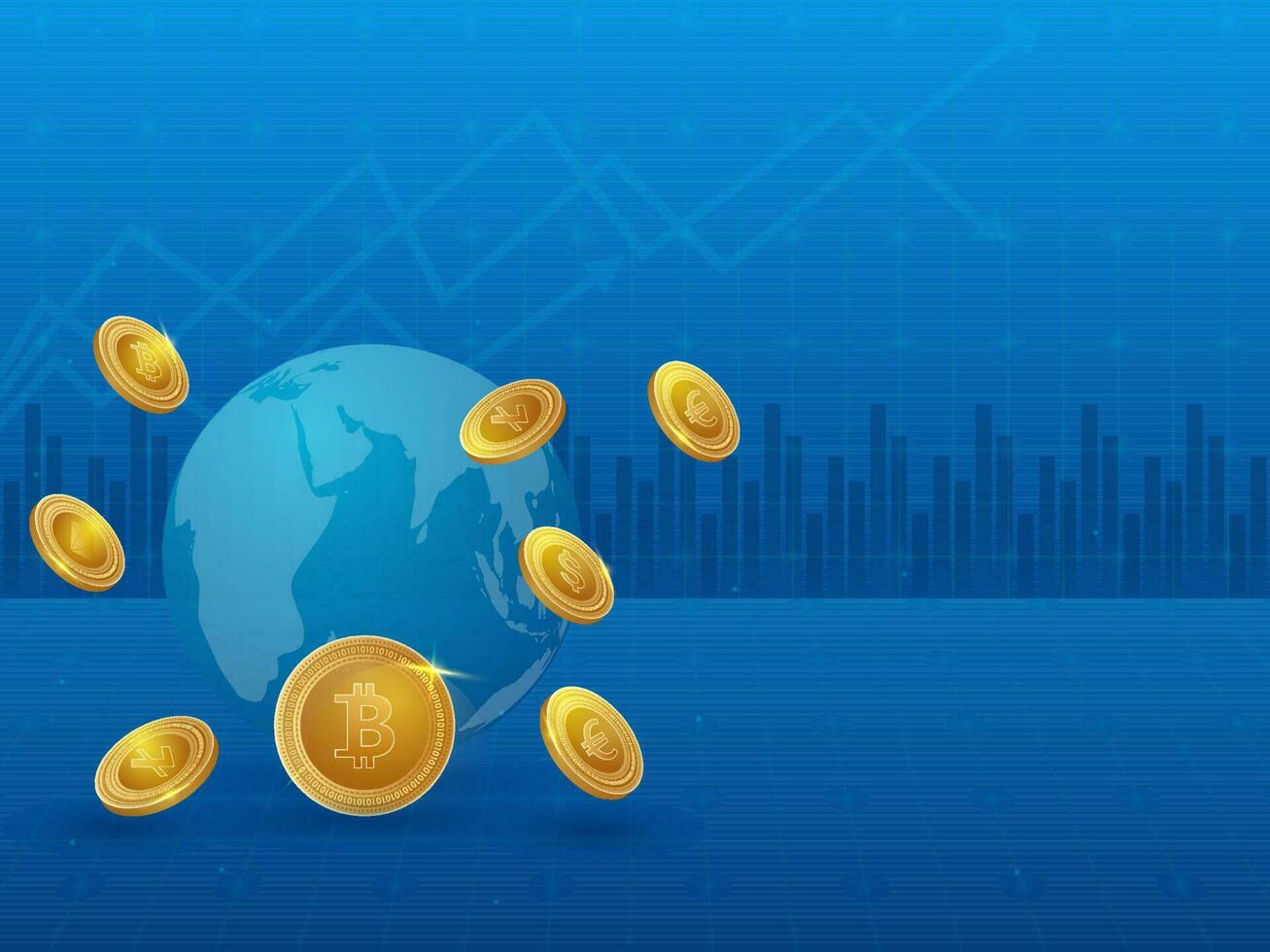3D Illustration Of Earth Globe With Golden Coins On Blue Statistics Background For Cryptocurrency Concept. vector