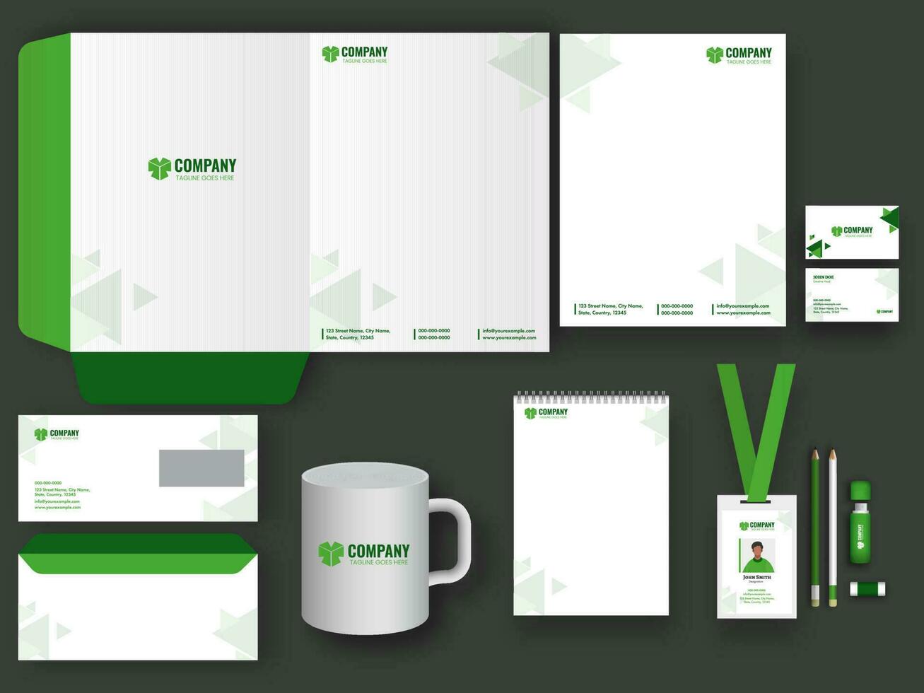 corporativo identidad equipo como carpeta a4, membrete, identidad tarjeta, sobre, bolígrafo conducir, taza, borrador y lápiz en oscuro gris antecedentes. vector