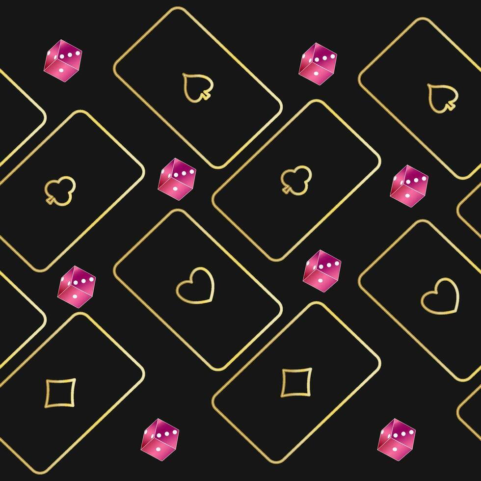 Seamless Pattern Of Golden Line Art Playing Cards And 3D Pink Dices On Black Background. vector