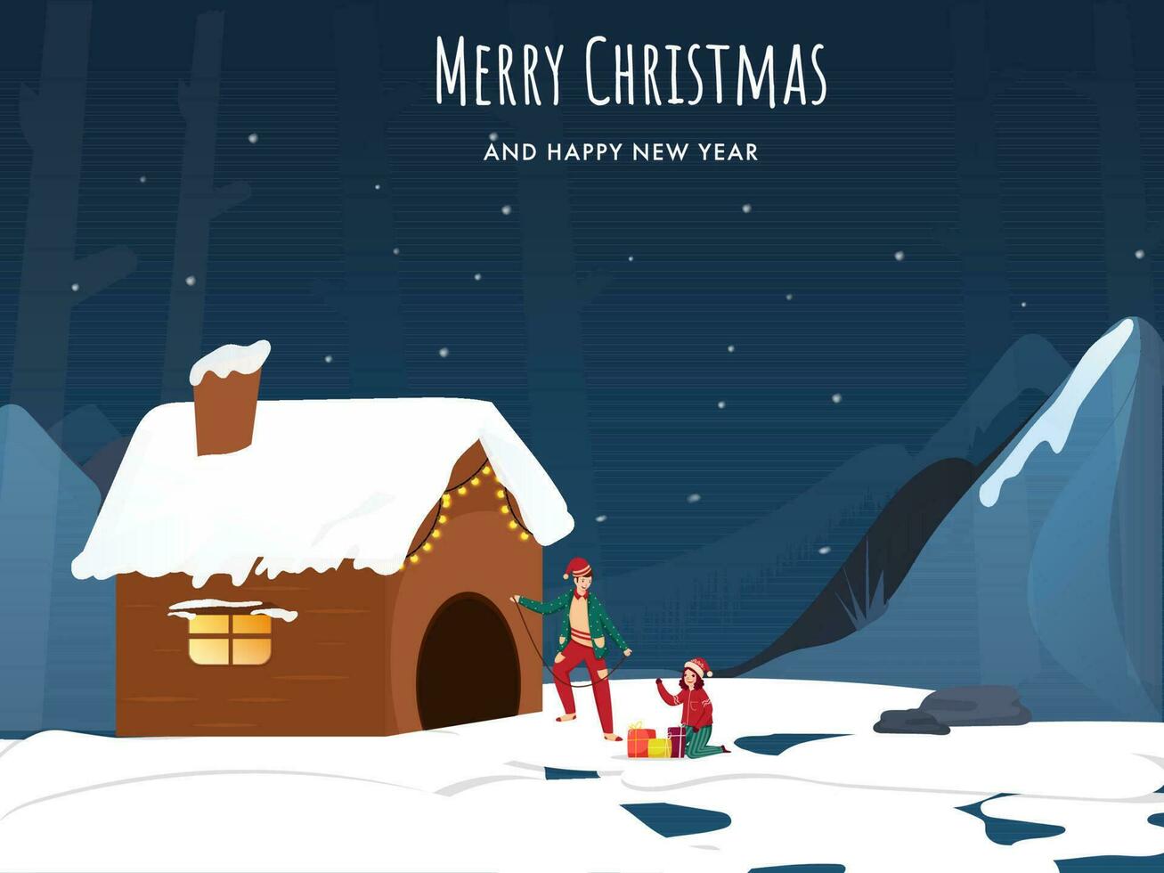 Merry Christmas And New Year Concept With Young Boy, Girl Decorated Chimney House On Snowfall Blue Mountain Background. vector