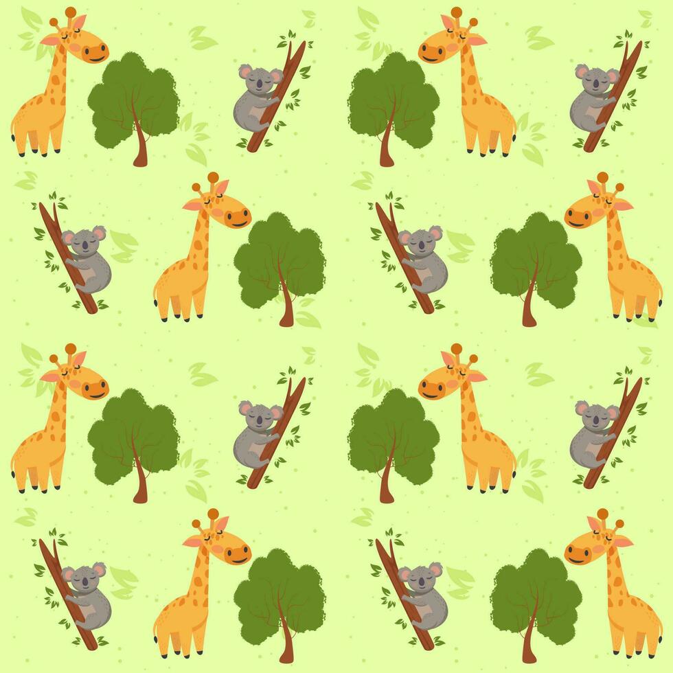 Seamless Giraffe With Tree And Koala Pattern Background. vector