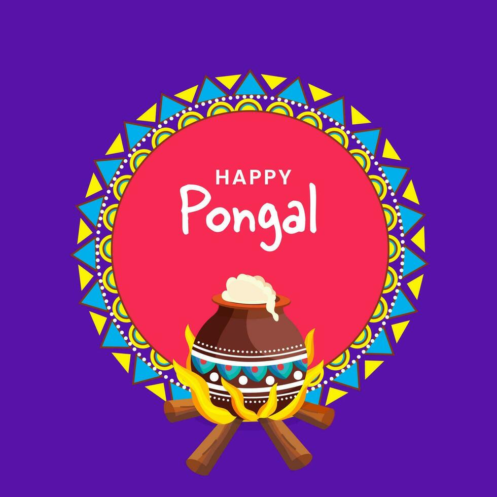 Happy Pongal Celebration Concept With Cooking Food In Mud Pot Over Bonfire On Pink And Purple Background. vector