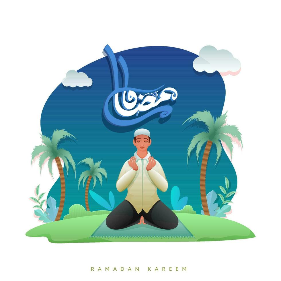 Ramadan Kareem Concept With Young Man Offering Namaz On Paper Cut Nature View Background. vector