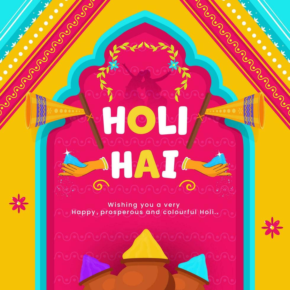 vistoso kitsch estilo antecedentes con altavoces y barro ollas lleno de color polvo para holi hai celebracion. vector