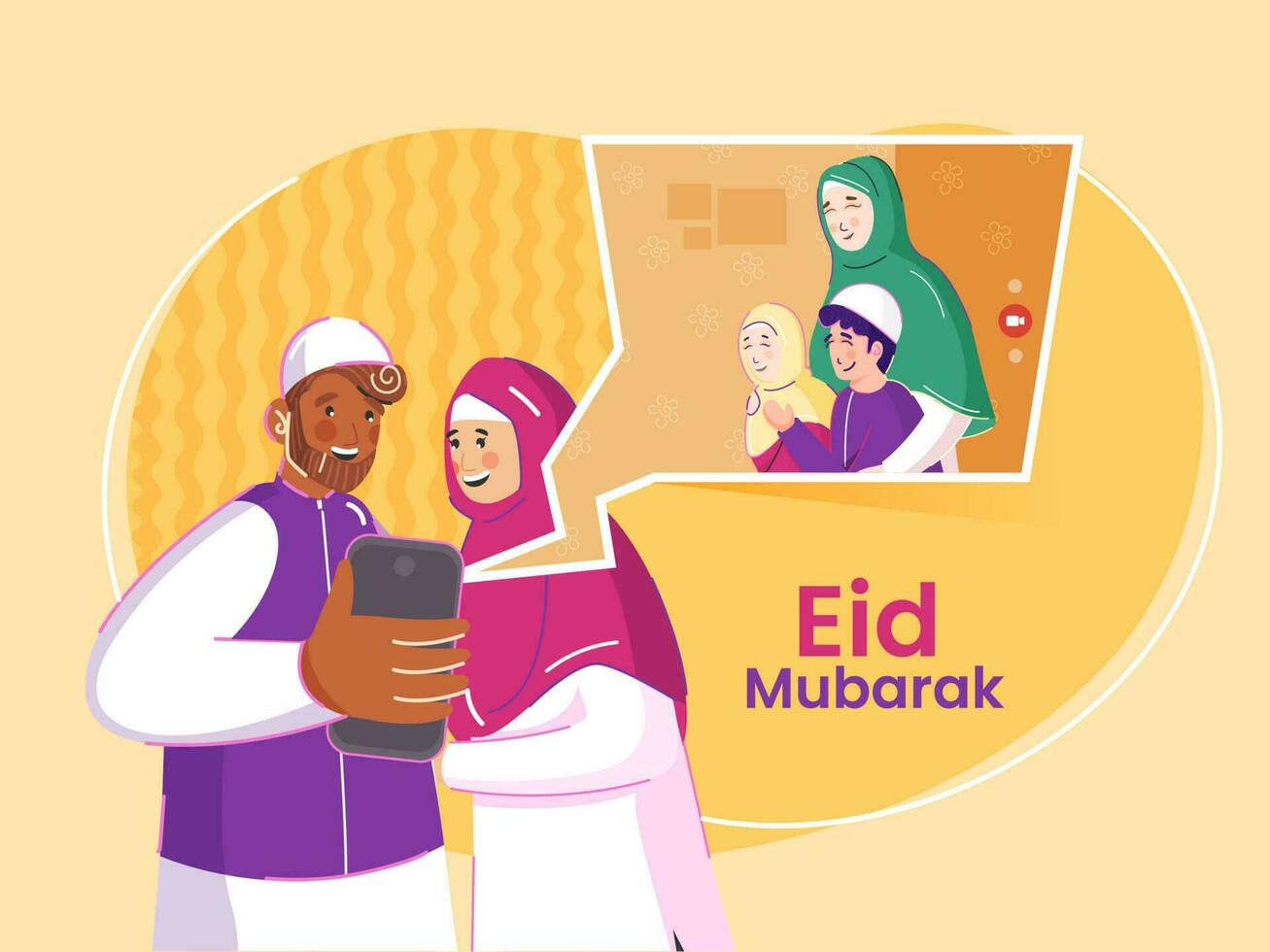 Muslim Family Talking To Each Other Through Video Call On The Occasion Of Eid Mubarak. vector