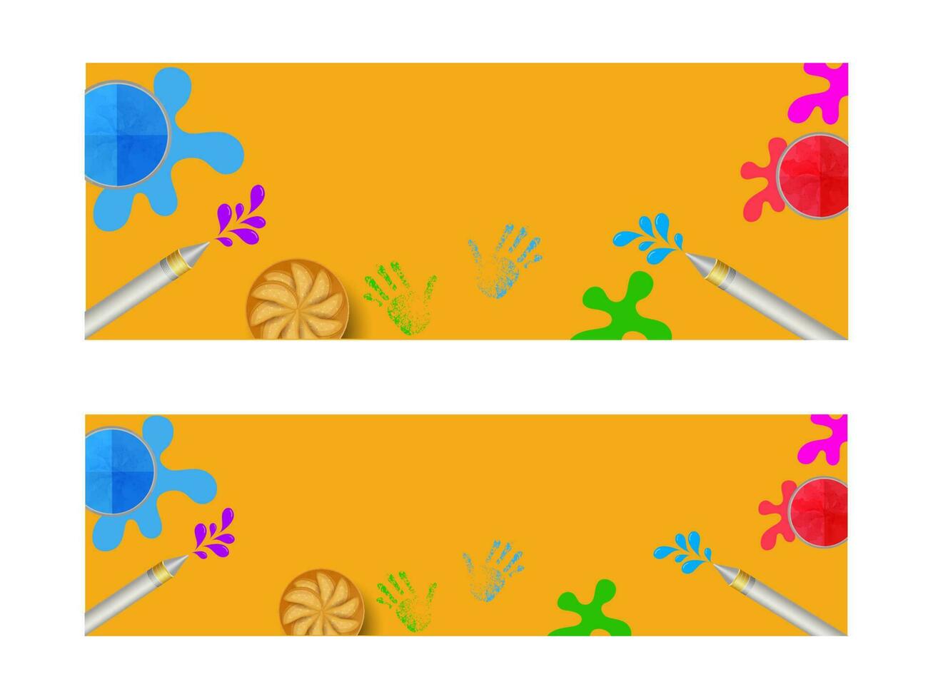 Website Header Or Banner Design With Top View Of Color Bowls, Water Guns, Indian Sweets On Yellow Background. vector