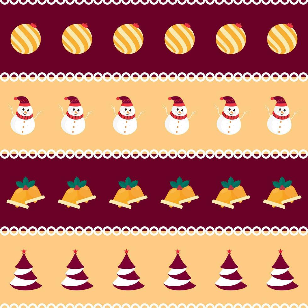 Maroon And Yellow Background Decorated With Christmas Tree, Snowman, Jingle Bells And Baubles Illustration. vector