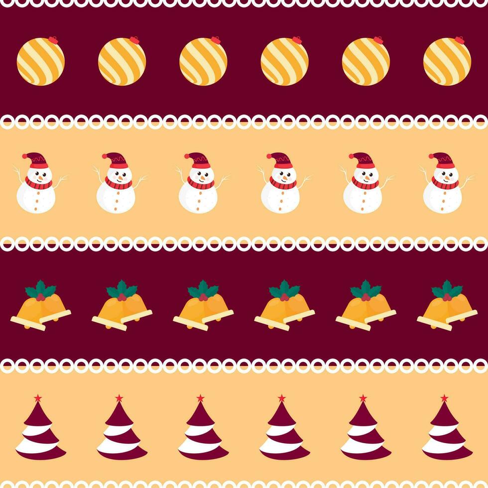 Maroon And Yellow Background Decorated With Christmas Tree, Snowman, Jingle Bells And Baubles Illustration. vector