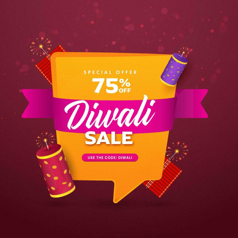 Diwali Sale Poster Design With 3D Firecrackers In Yellow And Dark Pink Color. vector
