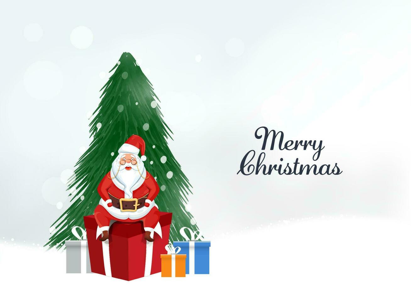 Merry Christmas Concept With Fir Tree Behind Cute Santa Claus Sitting On Gift Box And White Bokeh Background. vector